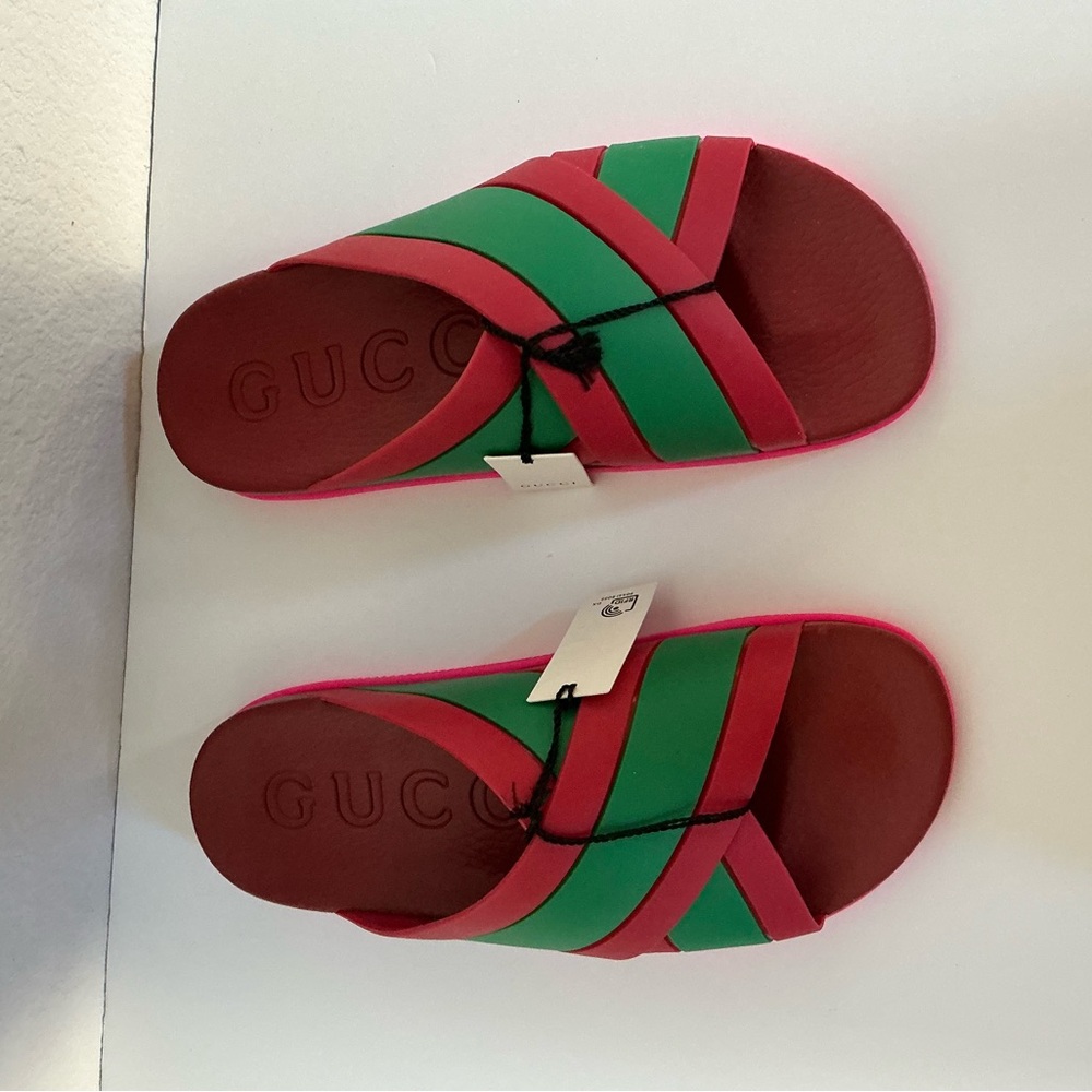 Gucci Coral and Green Striped Crisscross Slides 42 - Picture 2 of 7